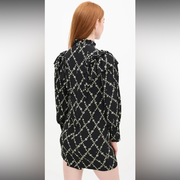 Ganni Crepe Margarita Black Mini Dress with Green Floral Lattice - Picture 5 of 17